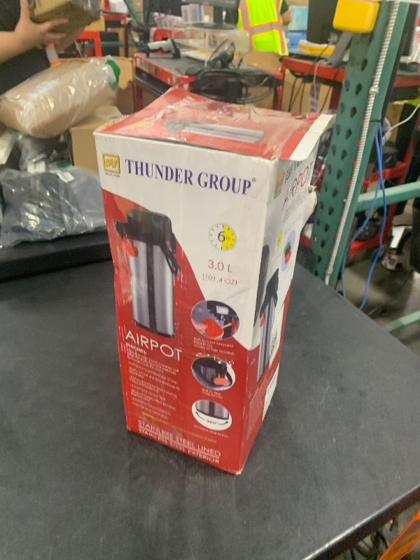 Photo 1 of Thunder Group ASPS330 Airpot, 3.0 Liter (101 oz.), 8-1/4" x 6-1/2" x 16-1/2"H, Stainless Steel Lined, Black Push Button top, Color Beverage Indicator Tags, Stainless Steel,