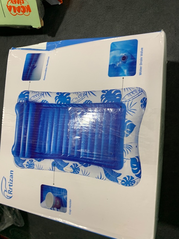 Photo 1 of Rrtizan Inflatable Tanning Pool Rafts for Adults, 83.5" x 52.4" Adult Pool Floats with Pillow, Cup Holder & Handles, 4-in-1 Suntan Tub Raft Floatie for Pool, Backyard, Kids' Ball Pit (Blue-White)