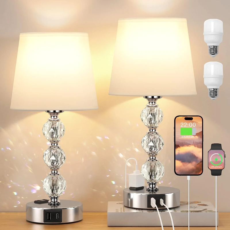 Photo 1 of Bedside Table Lamps for Bedrooms Set of 2 Nightstand- Crystal Table Lamps with USB C+A Ports & AC Outlet for Charging, 3 Way Dimmable Touch Silver Small Bed Side Table Lamp for Guest Room