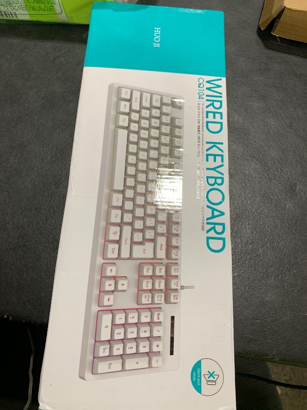 Photo 1 of HUO JI White Gaming Keyboard USB Wired with Rainbow LED Backlit, Floating Keys, Mechanical Feeling, Spill Resistant, Ergonomic for Xbox, PS Series, Desktop, Computer, PC