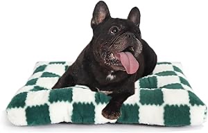 Photo 1 of Small Dog Bed for Crate 24x18 Washable,for Puppy with Anti-Slip Bottom,Comfy Jacquard Shaggy Plush Kennel Pad for Small Dog Breeds Pet Sleeping Mat,Green Checks