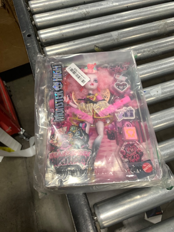 Photo 1 of Monster High Scary Sweet Birthday Doll, Cupid Asteria in Pink and Red Party Dress with Themed Accessories Like Invite, Balloon, Gift and More