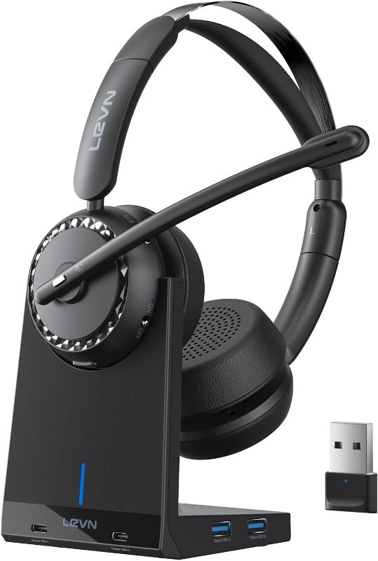 Photo 1 of LEVN Wireless Headset, Wireless Headset with Mic for Work, AI Noise Cancelling, 65 Hrs Working Time, Bluetooth Headphones with Microphone from Home/Computer/Call Center/Teams