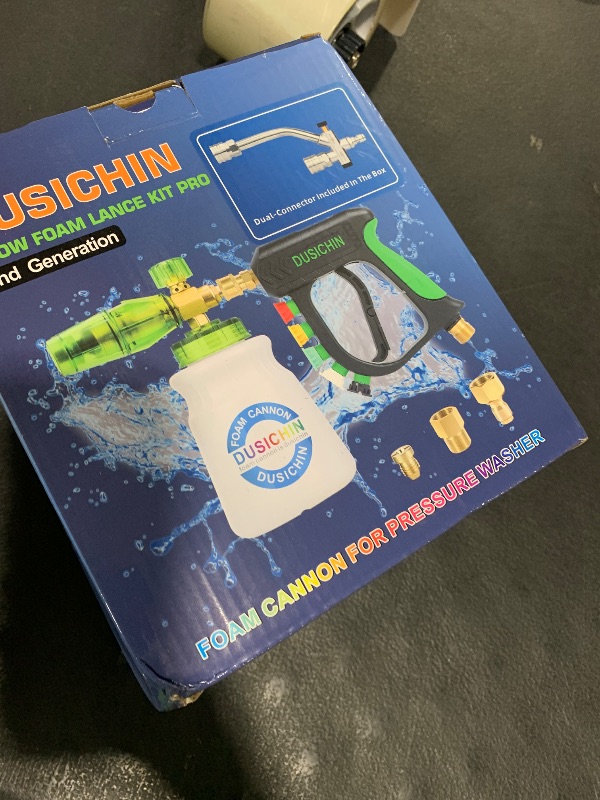 Photo 1 of DUSICHIN Short Pressure Washer Gun with Foam Cannon,Dual Connector Accessory, Car Wash Foam Cannon Kit 1/4 Inch Quick Connector, 5 Pressure Washer Nozzle Tips,Double Tip Attachment For Soap Cannon