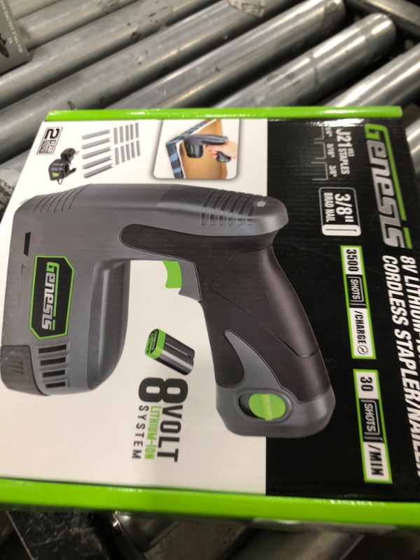 Photo 1 of Genesis GLSN08B 8 Volt Cordless Electric Staple Gun with Battery Pack, Charger, Staples, and Nails