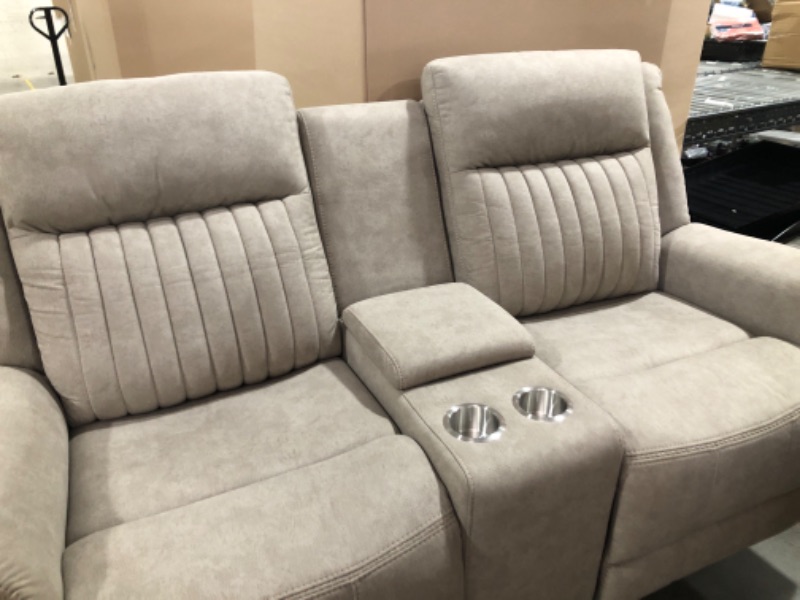 Photo 1 of Lexicon Reclining Loveseat - Polished Microfiber Double Recliner RV Couch, Manual for Living Room, Home Theater Seating, 74" W Love Seat With Center Console, Sandy Brown