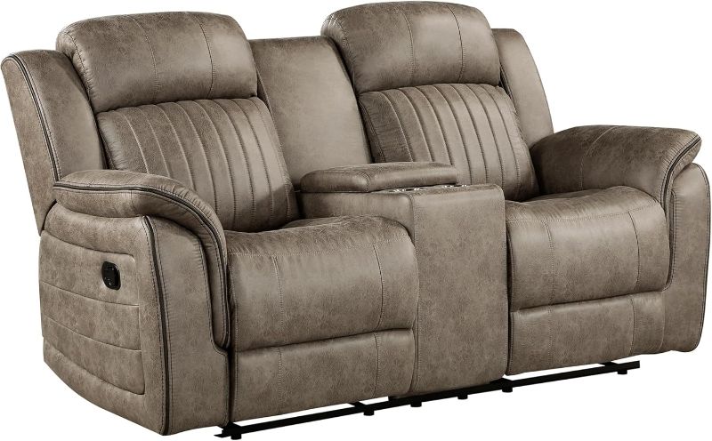 Photo 1 of Lexicon Reclining Loveseat - Polished Microfiber Double Recliner RV Couch, Manual for Living Room, Home Theater Seating, 74" W Love Seat With Center Console, Sandy Brown