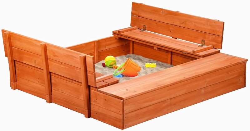 Photo 1 of Wooden Outdoor Sandbox with Cover,Sand Box with Foldable Storage Bench Seats and Sand Protection,Kids Play Equipment for Outdoor
