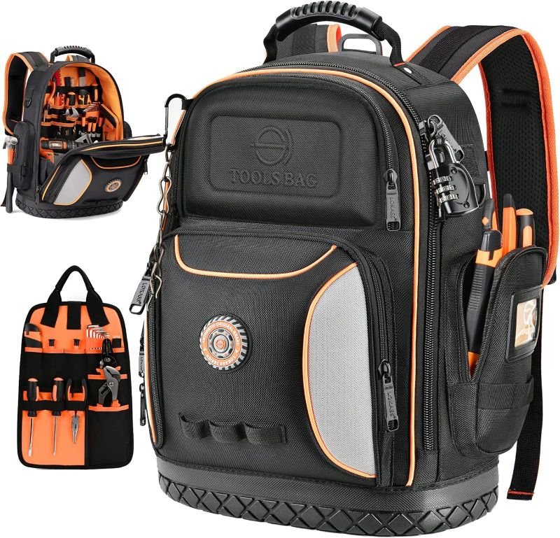 Photo 1 of Tool Bag Backpack, 75 Pockets & Loops Heavy Duty Tools Organizer Bags/HVAC Tool Carrier for Eelectrician/Construction Work with Molded Base and Combination Lock, Large, Black and Orange