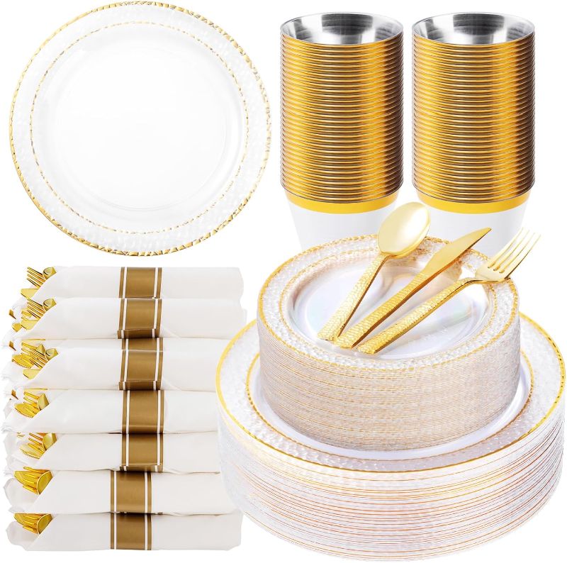 Photo 1 of 350PCS Clear Plastic Plates with Gold Trim for 50 Guests, Disposable Dinnerware Set for Party & Wedding, Includes 100 Plastic Plates, 50 Pre Rolled Napkins with Gold Silverware, 50 Cups
