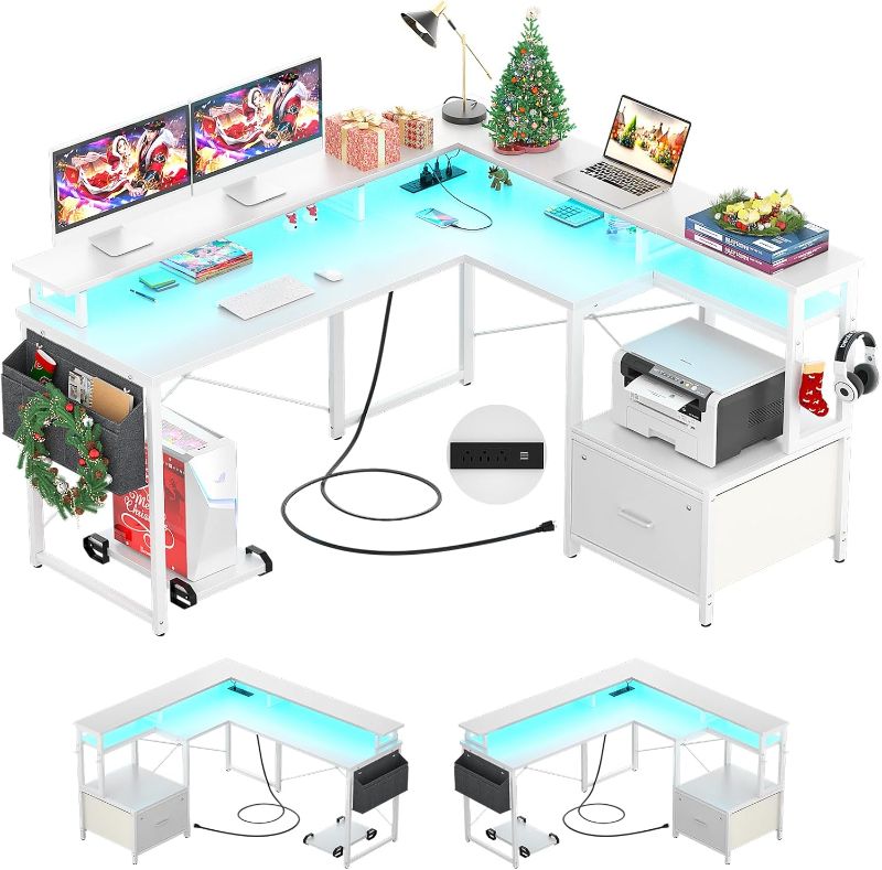 Photo 1 of L Shaped Desk, Reversible L Shaped Computer Desk with File Drawer, Corner Desk for Gaming Writing, Home Office Desk with Monitor Shelf, White
