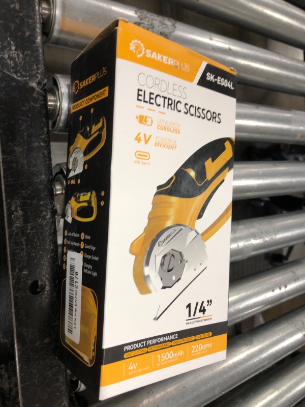 Photo 1 of SakerPlus Cordless Electric Scissors, 4V Cardboard Cutter, Box Cutter Fabric Scissor with Safety Lock & LED Light, Rechargeable Power Rotary Cutters for Box Carpet Fabric Plastic Leather