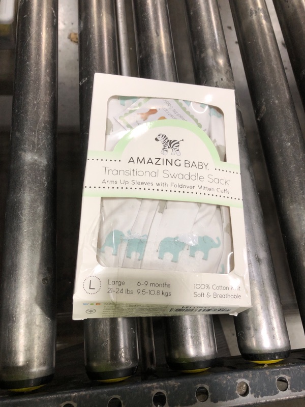 Photo 1 of Amazing Baby Transitional Swaddle Sack, Arms Up Half-Length Sleeves & Mitten Cuffs, Swaddle for Newborn Transition to Baby Sleep Sack Wearable Blanket, Large, 6-9 mo, 21-24 lb, Blue Tiny Elephants