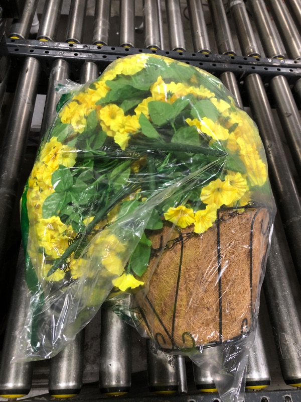 Photo 1 of Ammyoo Artificial Faux Hanging Flowers Basket for Spring Summer Outdoor Porch Decor, Fake Silk Colorful Morning Glory Eucalyptus in Planter UV Resistant Look Real for Home Balcony Yard(Yellow)