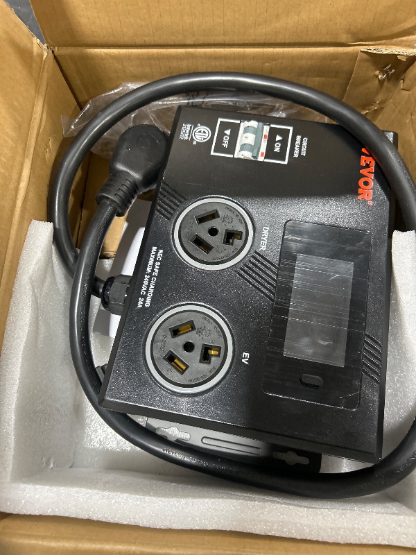 Photo 1 of VEVOR NEMA Splitter for Dryer and EV, 3-Color LED Indicator, 240V Smart Power Distribution, with NEMA 10-30 Plug, Two NEMA 10-30 Outlets, 3.4 in LCD Screen, Max 24A Dryer EV, Tested to ETL Standard