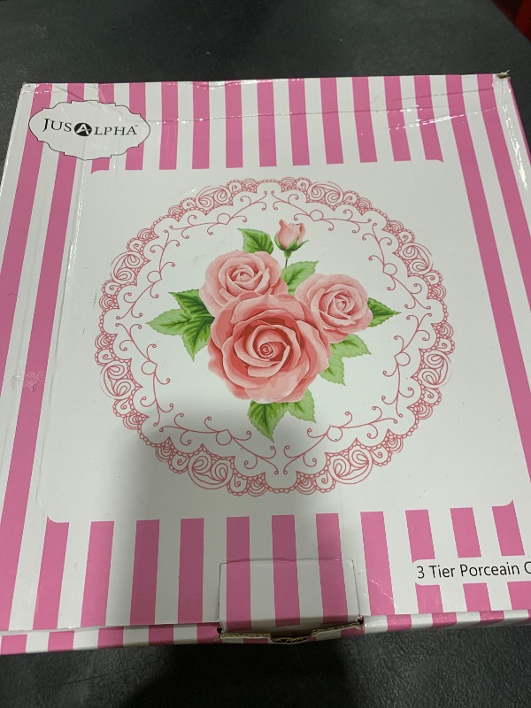 Photo 1 of Jusalpha 3-Tier Pink Porcelain Cake Stand/Cupcake Stand/Dessert Stand/Tea Party Pastry Serving Platter/Food Display, Stand, Comes in a Gift Box- Free Sugar Tong, Pink