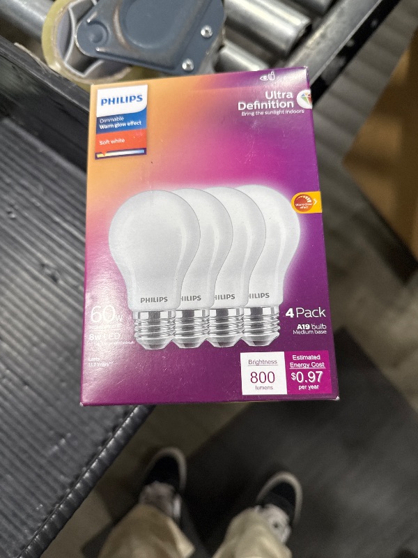Photo 1 of Philips LED 60W A19 4-Pack Ultra Definition Soft White (2200K) 800 Lumen (8W=60W) Dimmable Flicker Free Light Bulbs