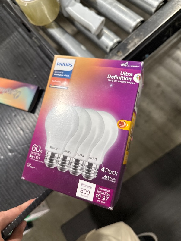 Photo 1 of Philips LED 60W A19 4-Pack Ultra Definition Soft White (2200K) 800 Lumen (8W=60W) Dimmable Flicker Free Light Bulbs