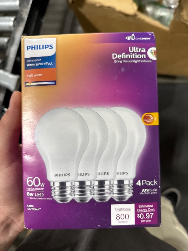 Photo 1 of Philips LED 60W A19 4-Pack Ultra Definition Soft White (2200K) 800 Lumen (8W=60W) Dimmable Flicker Free Light Bulbs