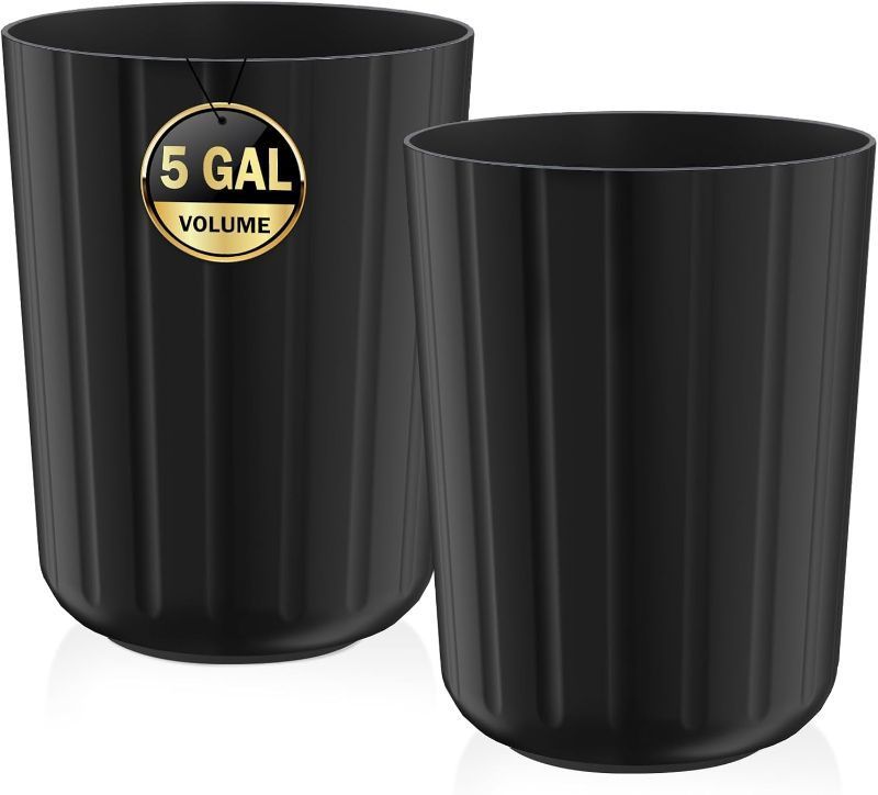 Photo 1 of 2Pack 5 Gallon Black Plastic Trash Can – Round Wastebasket Garbage Bin for Bathroom, Kitchen, Office, Bedroom, Dorm –Durable & Easy to Clean