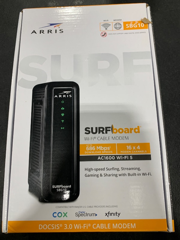 Photo 1 of ARRIS (SBG10) - Cable Modem Router Combo - DOCSIS 3.0 16 x 4 Gigabit & AC1600 WiFi, For Comcast Xfinity, Cox, check with ISP for compatibility [Not for Spectrum] 400 Mbps Max Internet Speeds