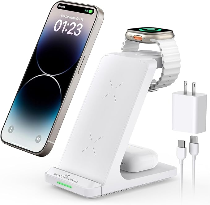 Photo 1 of Wireless Charging Station, 3 in 1 Fast Wireless Charger Stand for Multiple Devices Apple Watch Ultra Series 10 9 8 7 6 SE 5 4 3 2, iPhone 16 15 14 13 12 11 Pro Max/Plus/Mini/X/XS/Max/XR/SE, Airpods
