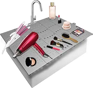 Photo 1 of Mofason Bathroom Sink Top Cover Space Saver,Silicone Makeup Organizer Mat for Over Countertop,Small Bathroom Must Haves Accessories Rv Camper Travel Foldable Gadgets-Grey
