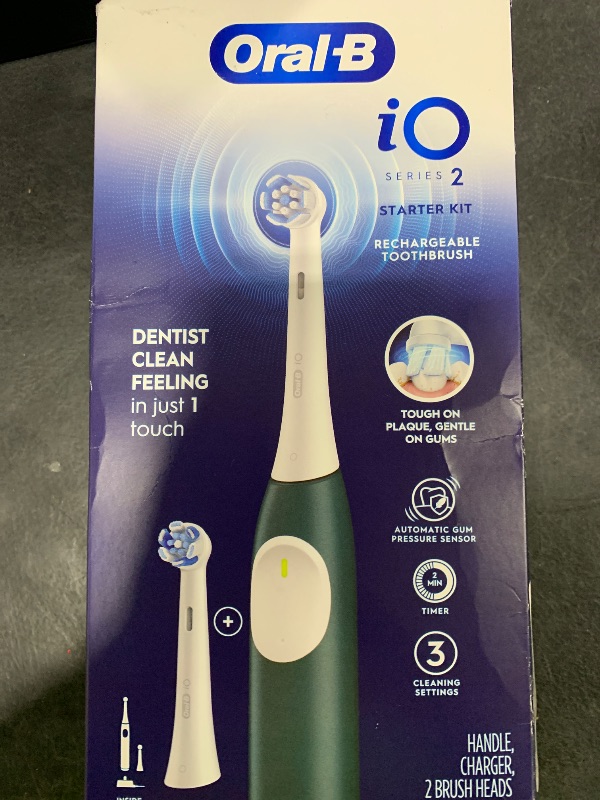 Photo 1 of Oral-B iO Series 2 Rechargeable Electric Powered Toothbrush Starter Kit, Forest Green with 2 Brush Heads - Automatic Pressure Sensor to Protect Gums - 3 Modes - 2 Min Timer