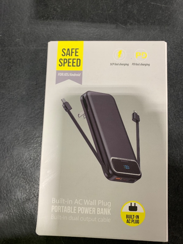 Photo 1 of 12000mAh Lightweight-Portable-Charger-Power-Bank with Built-in Cables and AC Wall Plug, PD20W USB-C Fast Charging Battery Pack, LED Display External Travel Phone Charger for All iPhone,Samsung,Android