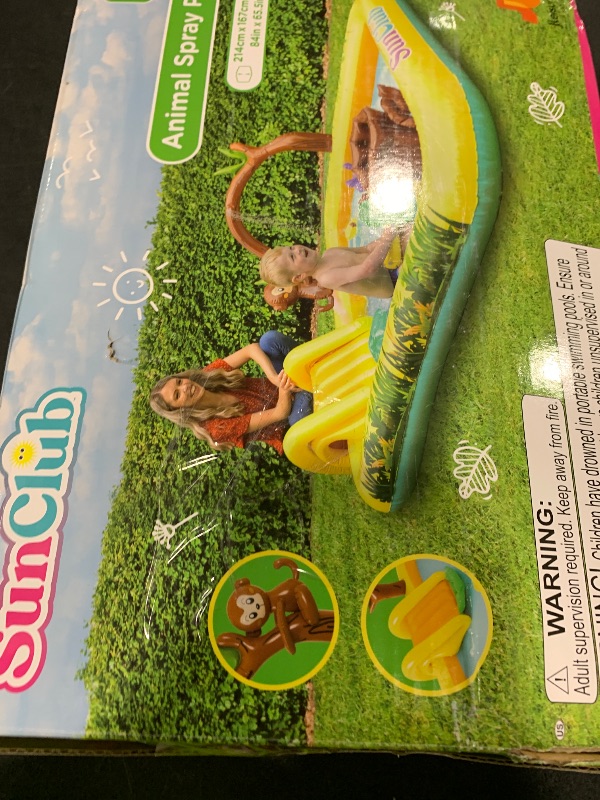Photo 1 of Inflatable Play Center, Inflatable Swimming Pool Cartoon Animals Sprinker Toy with Base Pool, Slide, Monkey, Tree Stump for Kids Toddler Children Garden Backyard