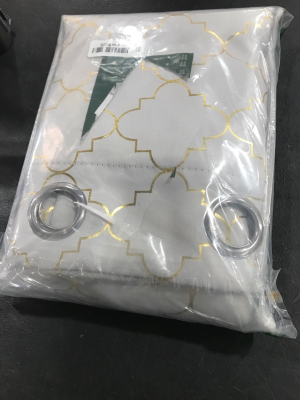 Photo 1 of Enactex 100% Full Blackout Curtains 63 Inch Length Thermal Insulated White Curtain with Gold Geometric Metallic Pattern, Light Blocking Grommet Window Drapes for Living Room Bedroom, 2 Panels