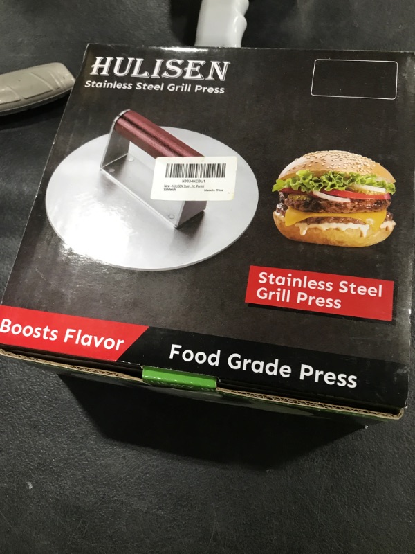 Photo 1 of HULISEN 8.5-Inch Burger Press, 2.5 lbs Heavy Duty Bacon & Grill Press, Stainless Steel Smashed Burger Press, Round Smasher with Wood Handle, BBQ Griddle Accessories for Hamburger, Steak, Meat
