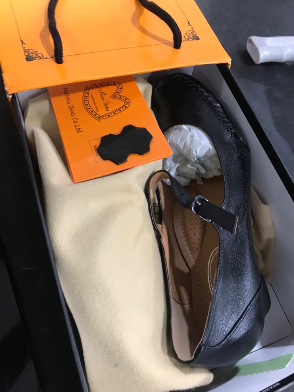 Photo 1 of Mona flying Women's Leather Closed Toe Mary Jane Wedge Pumps Round Toe Mid Heel Dress Shoes for Women Ladies Black