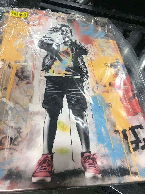 Photo 1 of Amovlov Banksy Graffiti Canvas Wall Art Print, Framed Boy Colorful Abstract Modern Urban Decor Featuring Paintings, Iconic Basquiat Artwork for City Inspired Spaces Ready to Hang (16"x24")