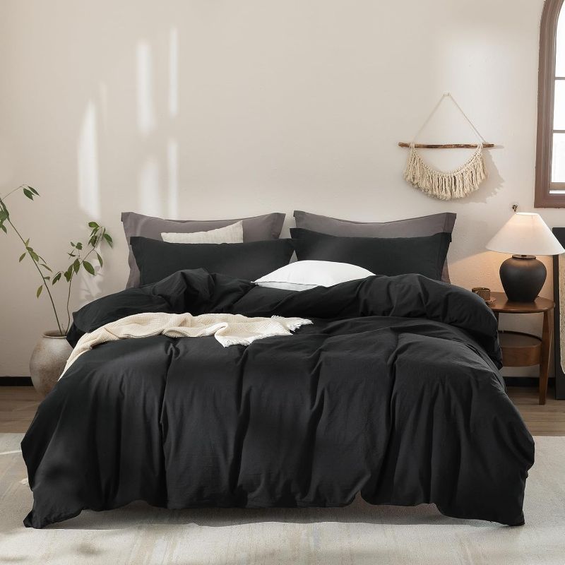 Photo 1 of Black Duvet Cover California King Size 100% Washed Cotton Bedding Set Cover 1 Duvet Cover with Zipper Closure and 2 Pillowcases, 104inch x 98inch