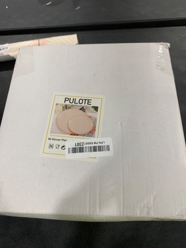 Photo 1 of PULOTE 100PCS Pink Plastic Plates - Heavy Duty Pink and Gold Disposable Plates for Party, Wedding & Mother’s Day, Include 50 Dinner Plates and 50 Dessert Plates