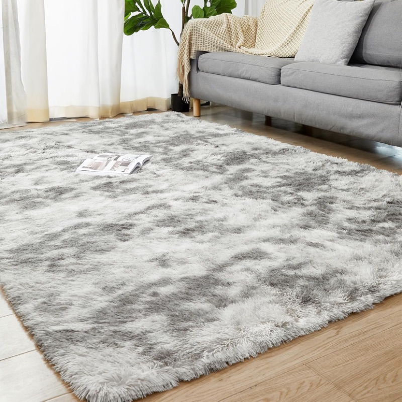 Photo 1 of 8x10 Area Rugs for Living Room, Indoor Large Shaggy Rugs for Bedroom, Anti-Slip Fluffy Shag Rugs Fuzzy Furry Plush Rugs for Kids Girls Room Decor, Tie-Dyed Light Grey