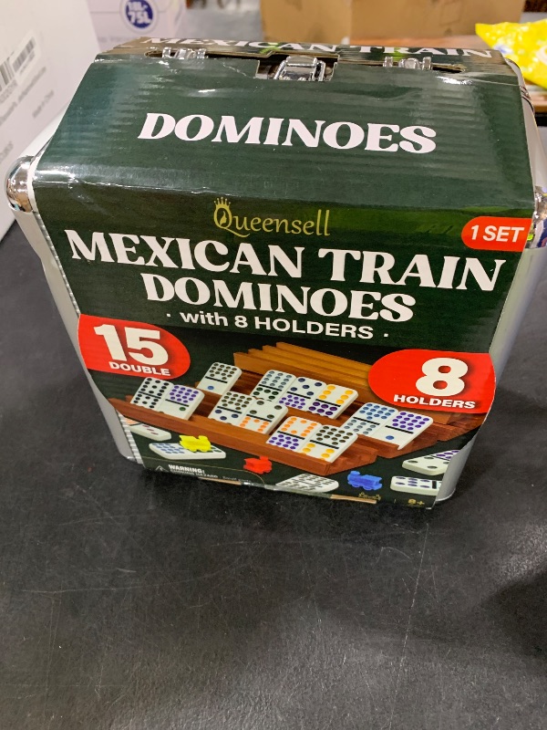 Photo 1 of Queensell Mexican Train Dominoes Set Double 15 with 8 Holders - Wooden Hub and Tiles Holders - Double 15 with Dots (D15 + 8 Holders)