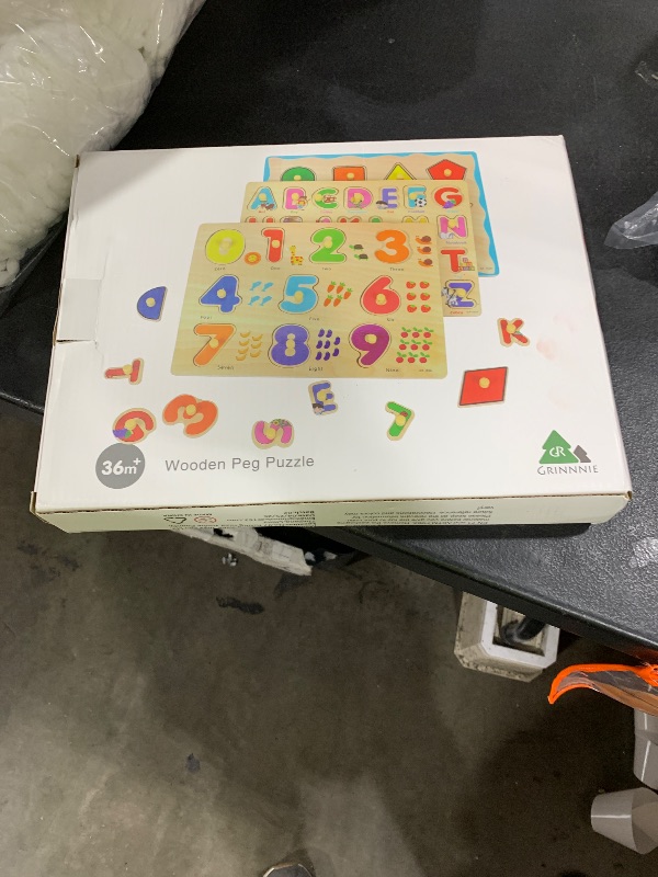 Photo 1 of GRINNNIE Wooden Montessori Toddler Puzzles for 1 2 3 4 Years Old, 3 Pcs (Number, Letter, Shape) Kids Preschool Educational Peg Puzzle Set