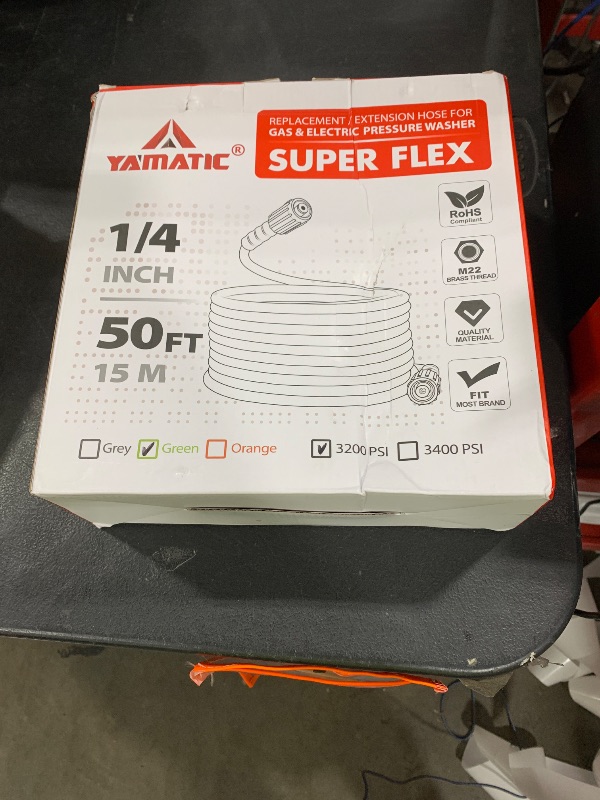 Photo 1 of YAMATIC Super Flexible Pressure Washer Hose 50FT 3200 PSI for Power Washer Replacement, Kink Resistant Extension with Leak-Free M22 Thread Connector, 1/4", Green