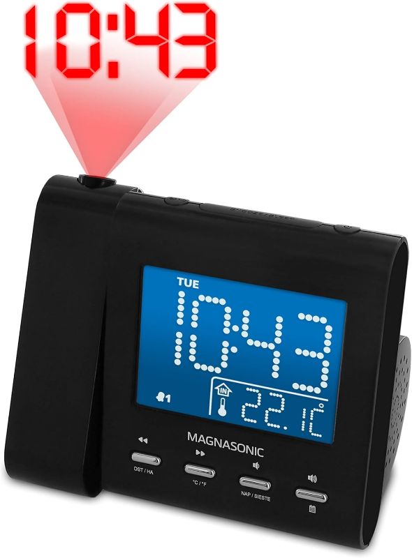 Photo 1 of Magnasonic Projection Alarm Clock with AM/FM Radio, Battery Backup, Auto Time Set, Dual Alarm, Nap/Sleep Timer, Indoor Temperature/Date Display with Dimming & 3.5mm Audio Input - Black (EAAC601)