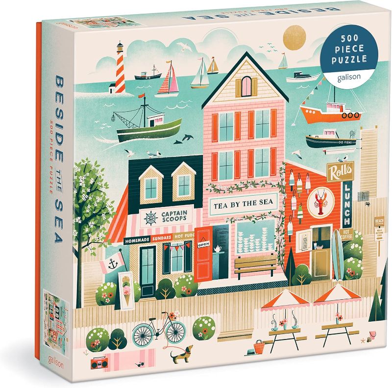 Photo 1 of Galison Beside The Sea – 500 Piece Puzzle Fun and Challenging Activity with Bright and Bold Artwork of Charming Village and Sea Scenery for Adults and Families