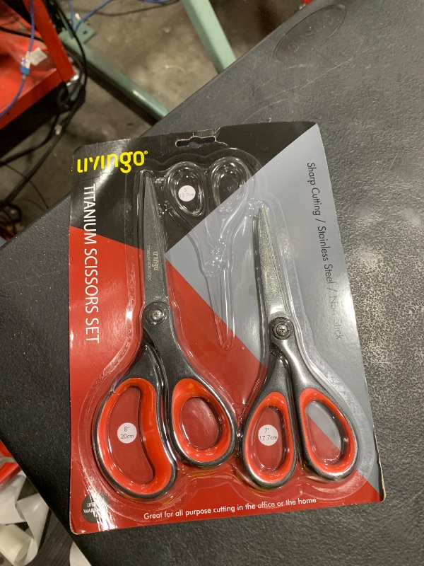 Photo 1 of missing one pair --- LIVINGO 3 Pack Titanium Scissors All Purpose - Non Stick Stainless Steel Sharp Scissors Set Heavy Duty for Office School Sewing Crafting Cutting Fabric Paper, Comfortable Grip, 5”, 7” & 8”