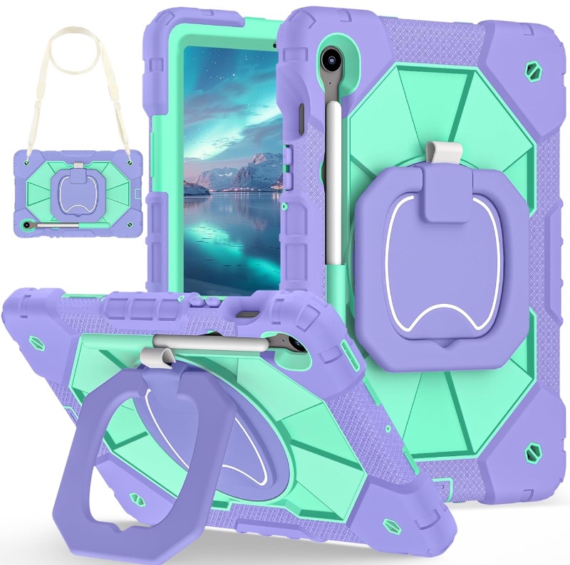 Photo 1 of Compatible with Samsung Galaxy Tab S10 FE (2025) / S9 FE 10.9-inch / S9 11'' 5G,with S Pen, Rotating Stand, Handle & Shoulder Strap (Purple+Mint Green)