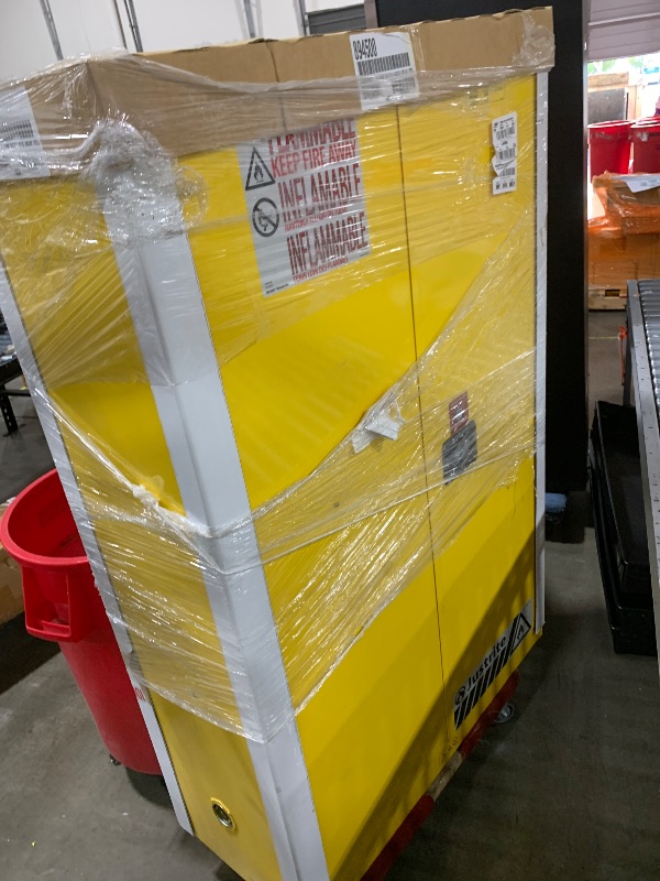 Photo 1 of Justrite 45 Gallon Manual Close Flammable Storage Cabinet, 18 Gauge Steel, 2 Shelves, 2 Door Fire Cabinet, 65" x 43" x 18", Made in The USA, Yellow, 894500
