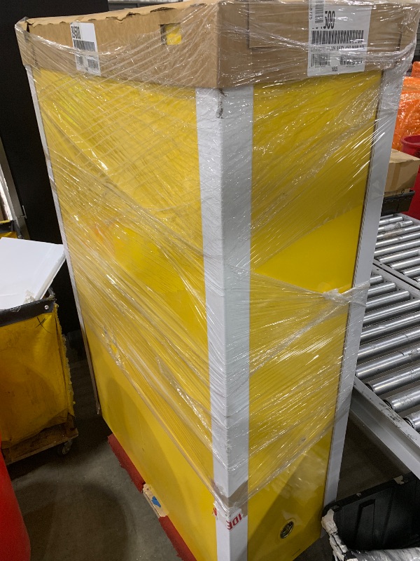 Photo 1 of Justrite 45 Gallon Manual Close Flammable Storage Cabinet, 18 Gauge Steel, 2 Shelves, 2 Door Fire Cabinet, 65" x 43" x 18", Made in The USA, Yellow, 894500