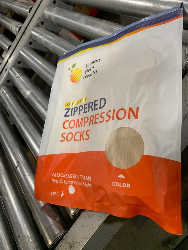 Photo 1 of Lemon Hero Medical Zippered Compression Socks - Open Toe 20-30 mmHg Varicose Veins Stockings with Zip Guard for Skin Protection, Lightweight Diabetic Compression Socks with Zipper - Large, Beige
