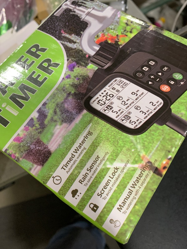 Photo 1 of TJJFMM Sprinkler Timer for Outdoor Garden Hose, 2 Outlet 8 Programmable Water Timer with Rain Delay & Manual/Automatic Modes, Weatherproof Irrigation System for Water Garden Kits, Large LCD Display