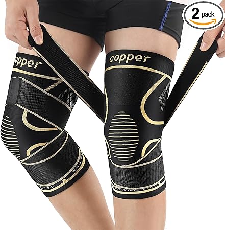 Photo 1 of Copper Knee Braces with Strap for Knee Pain Women and Men(2 Pack), Knee Compression Sleeve for Arthritis, ACL, Meniscus Tear, Joint Pain Relief, Knee Support for Working, Running, Weightlifting(S)