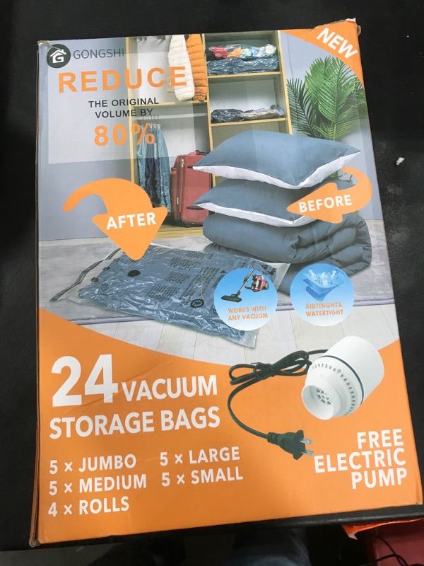 Photo 1 of 24 Pack Vacuum Storage Bags with Electric Pump, (5 Jumbo, 5 Large, 5 Medium, 5 Small, 4 Roll Up Bags) Space Saver Bag for Clothes, Mattress, Blanket, Duvets, Pillows, Comforters,Travel